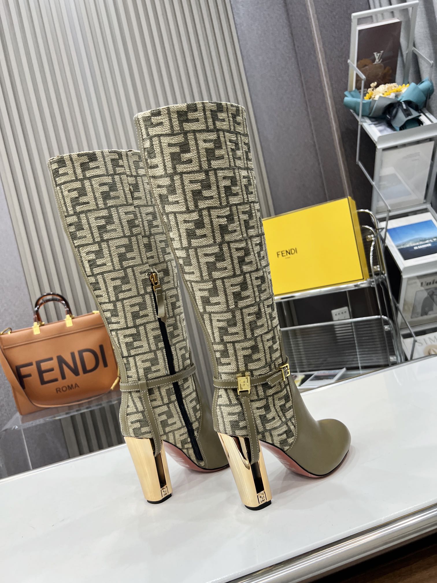 FENDI knee boots high heel monogram olive cowhide 521219