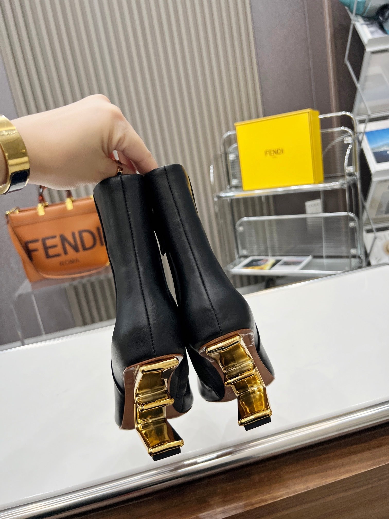 FENDI First Wedge Boots Black Sheepskin 521226