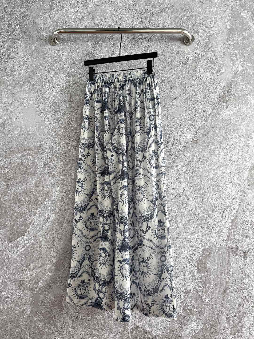 CD Sun God Printed Wide Leg Pants Beige Blue Cotton