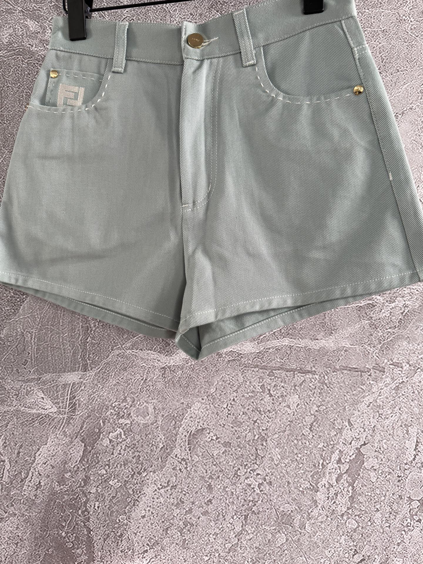 Fendi Hand-made Needle-picking Shorts Blue Green  Cotton
