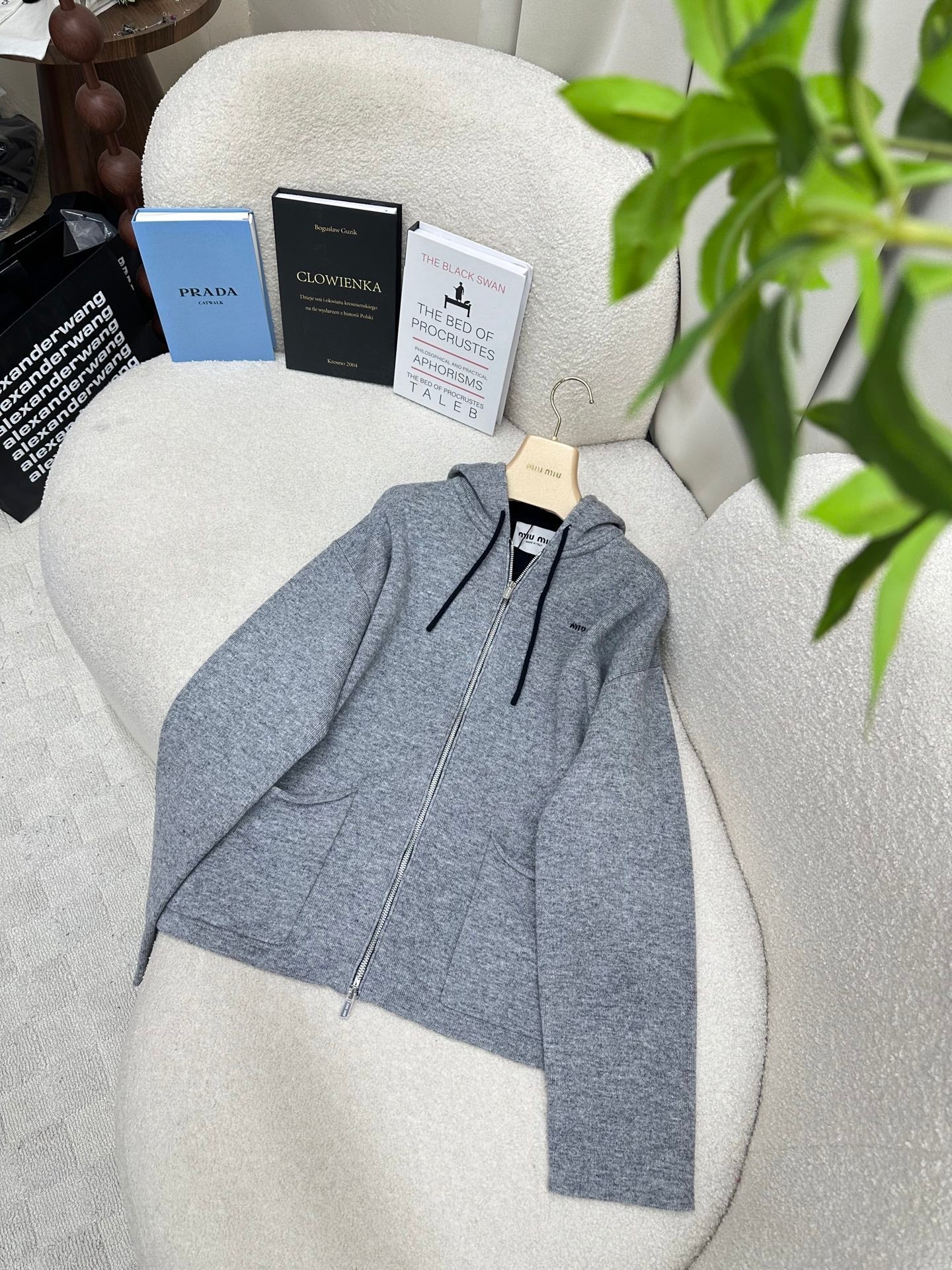 Miumiu 2026 Hooded Knit Cardigan Grey Cashmere