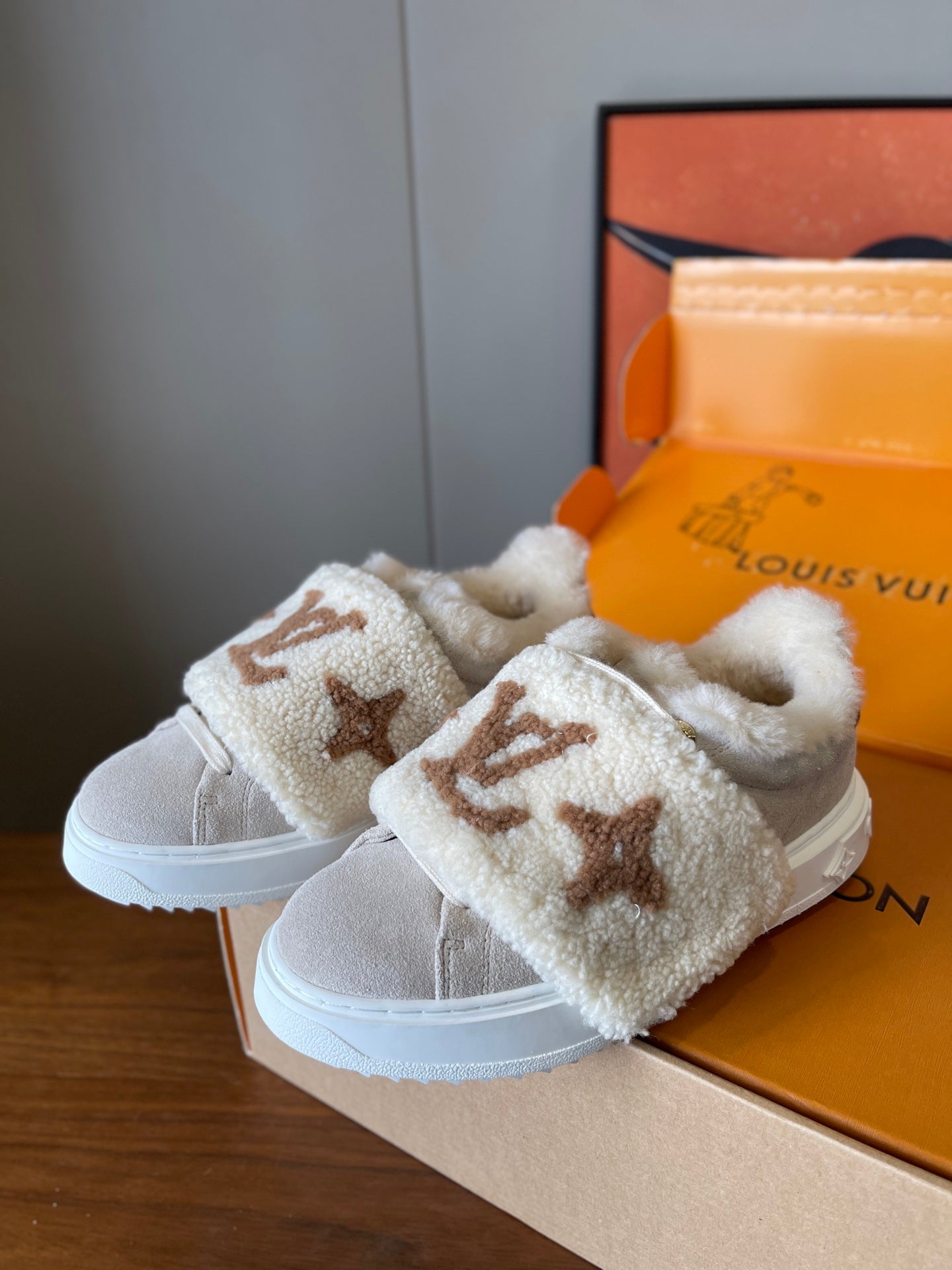 LV 26s Platform Sneakers Beige Brown Monogram Suede Wool 621160