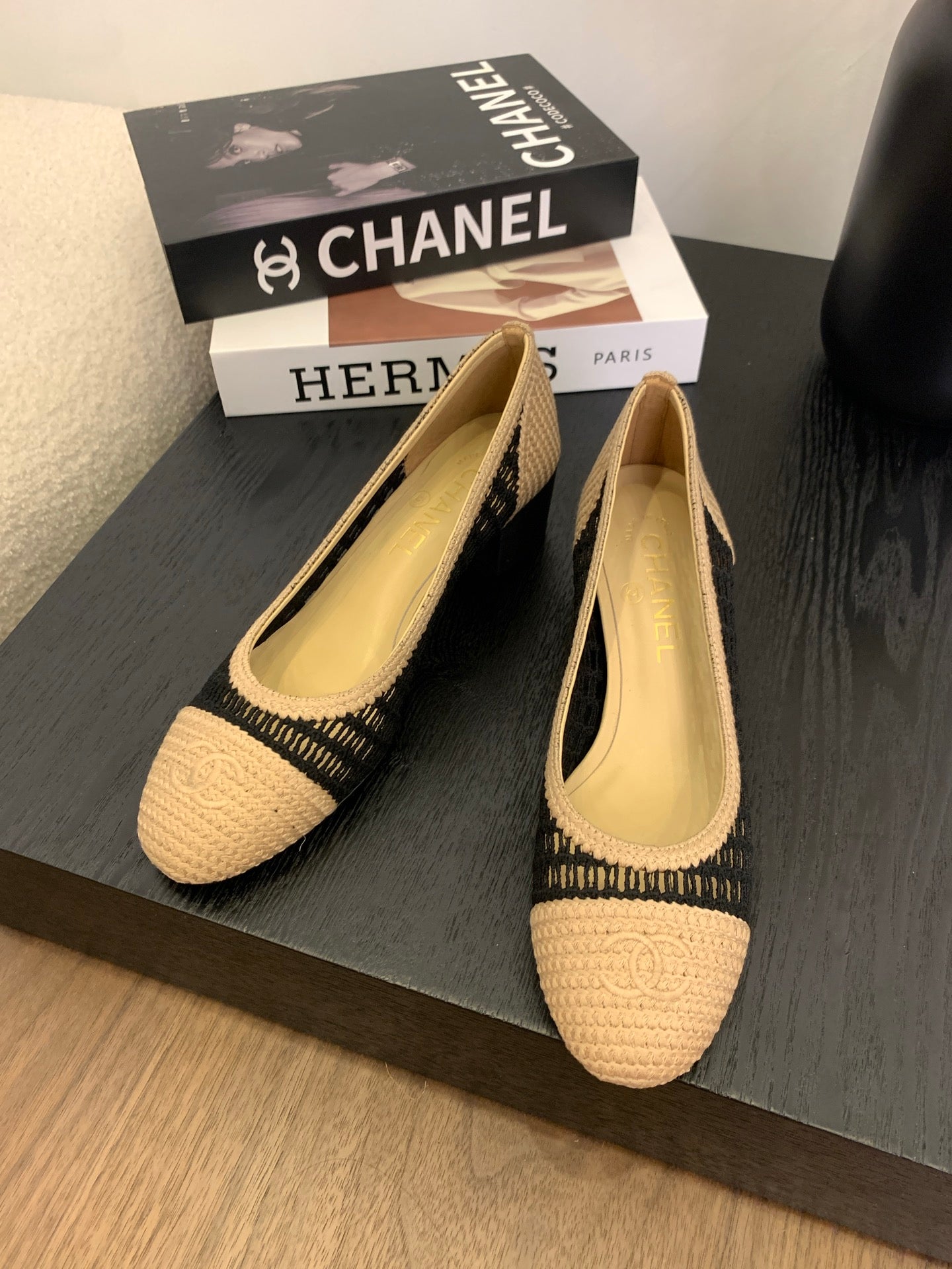 CC 25p Ballet Heel 50mm Black Beige Raffia