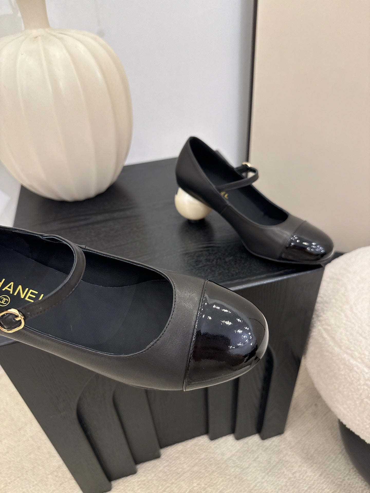 Chanel Mary Jane Pumps with Pearl Heels Black White Leather