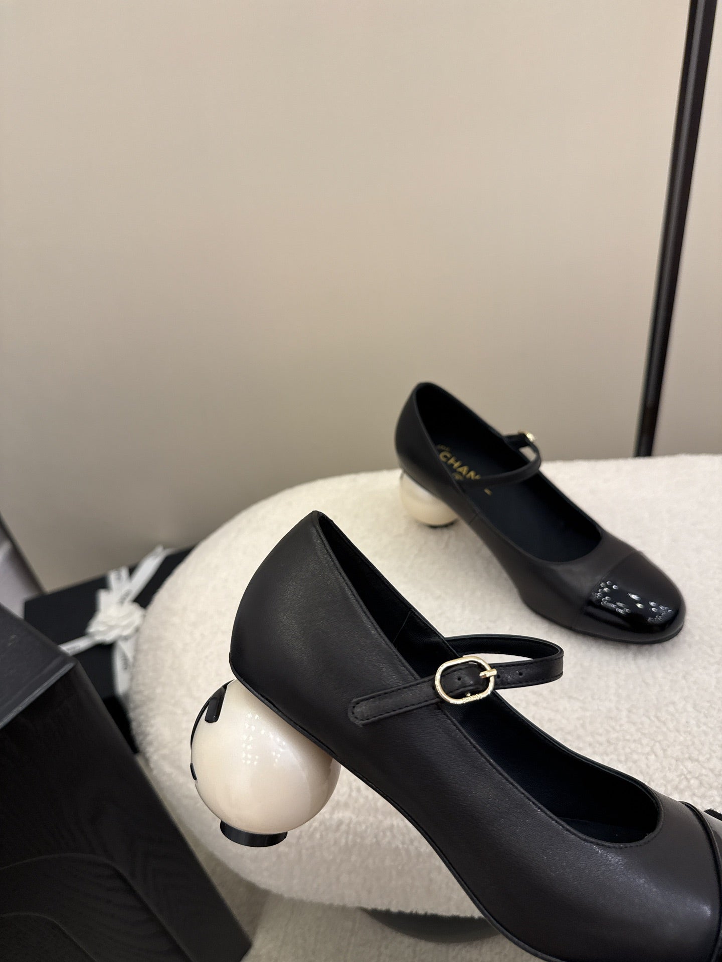 Chanel Mary Jane Pumps with Pearl Heels Black White Leather