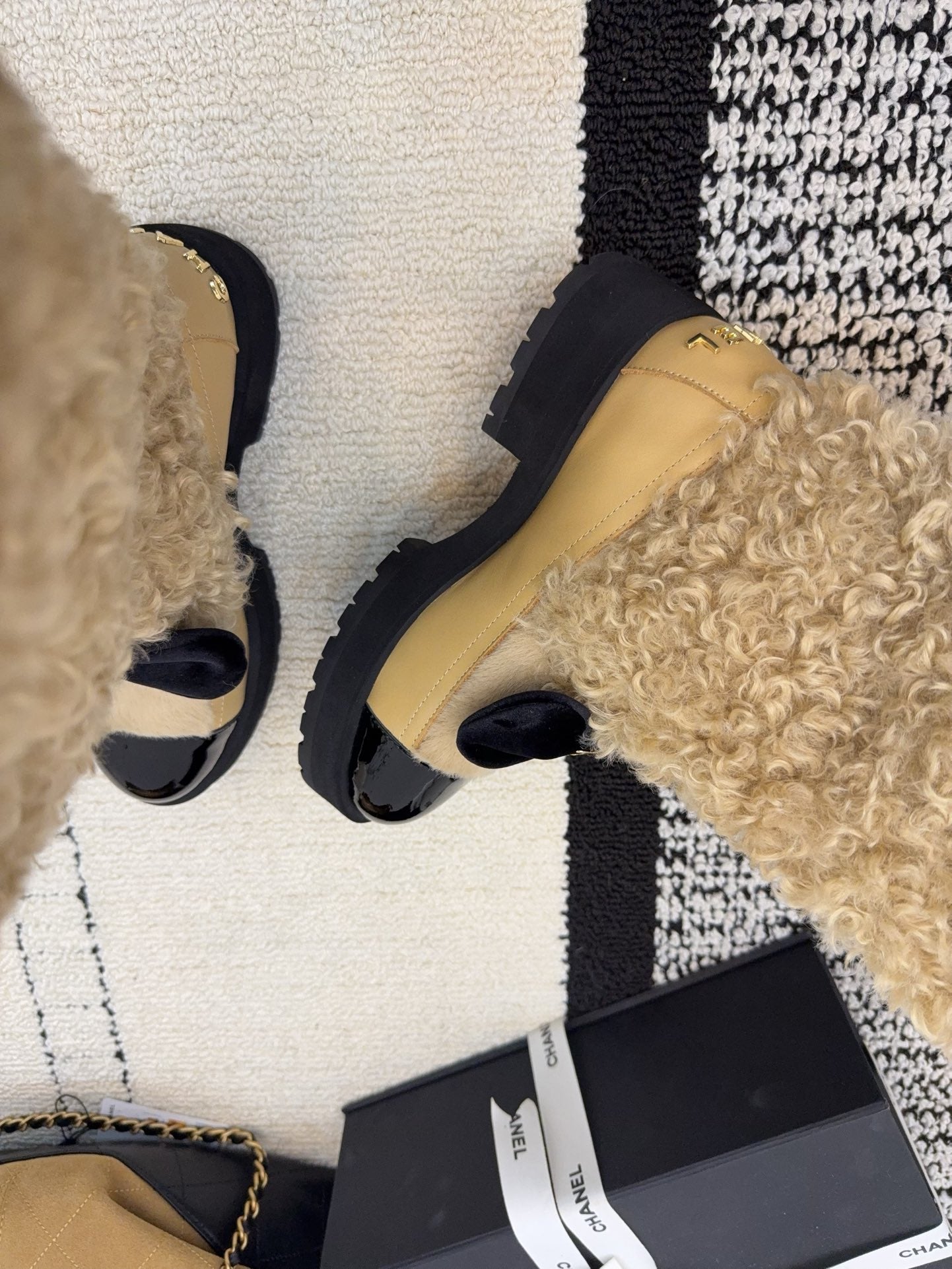 Chanel 25 Shearling Boot Beige Black Wool Leather 537104