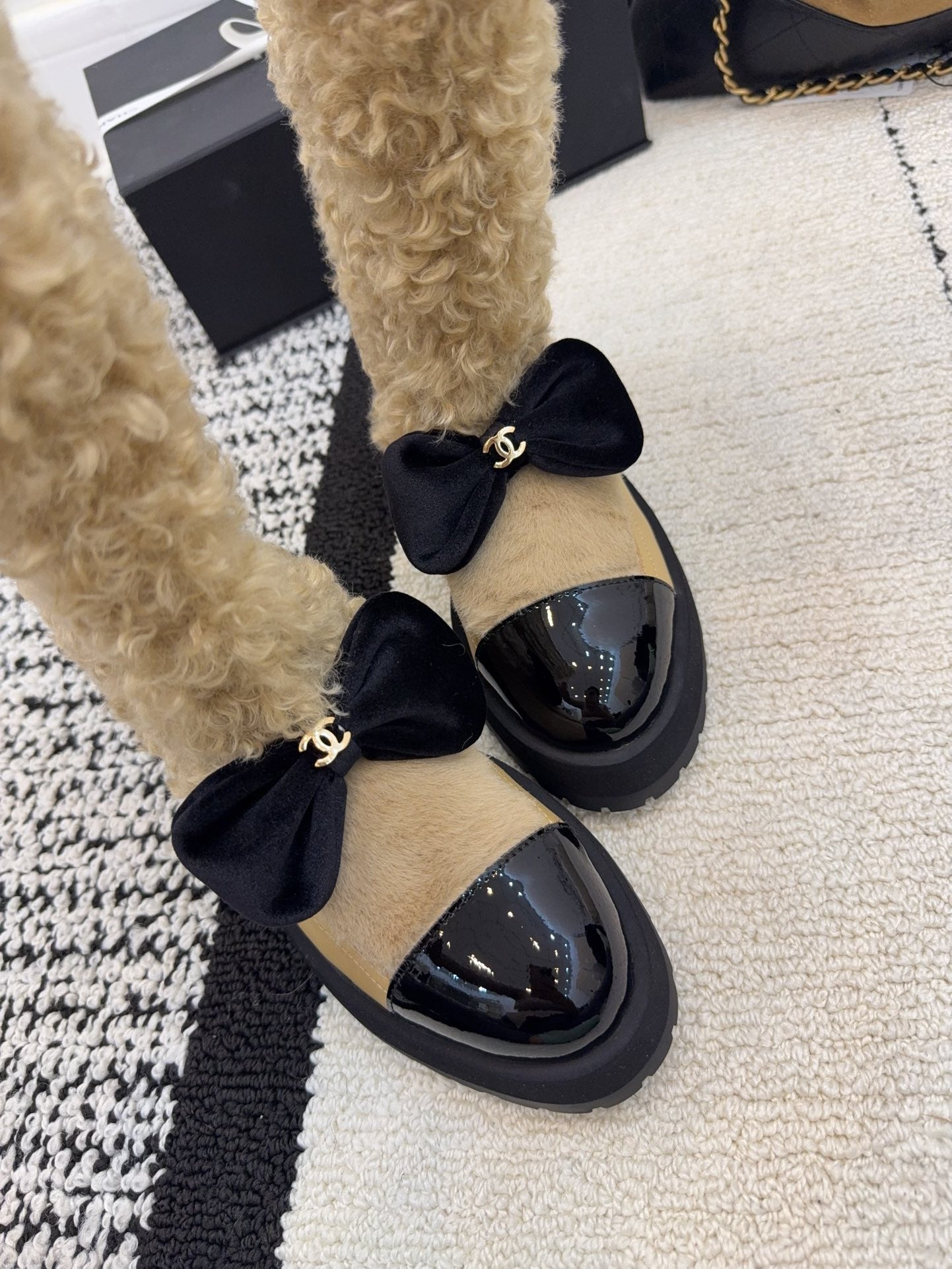 Chanel 25 Shearling Boot Beige Black Wool Leather 537104