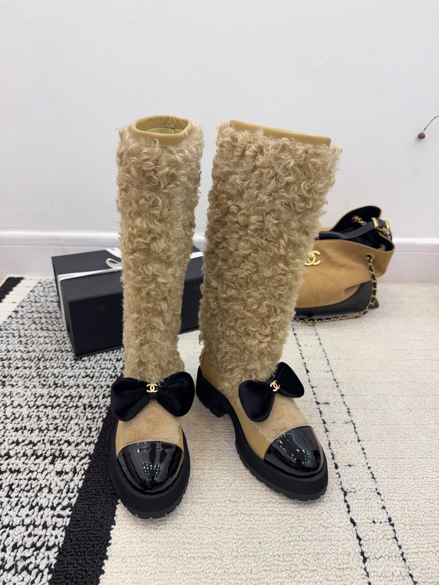 Chanel 25 Shearling Boot Beige Black Wool Leather 537104