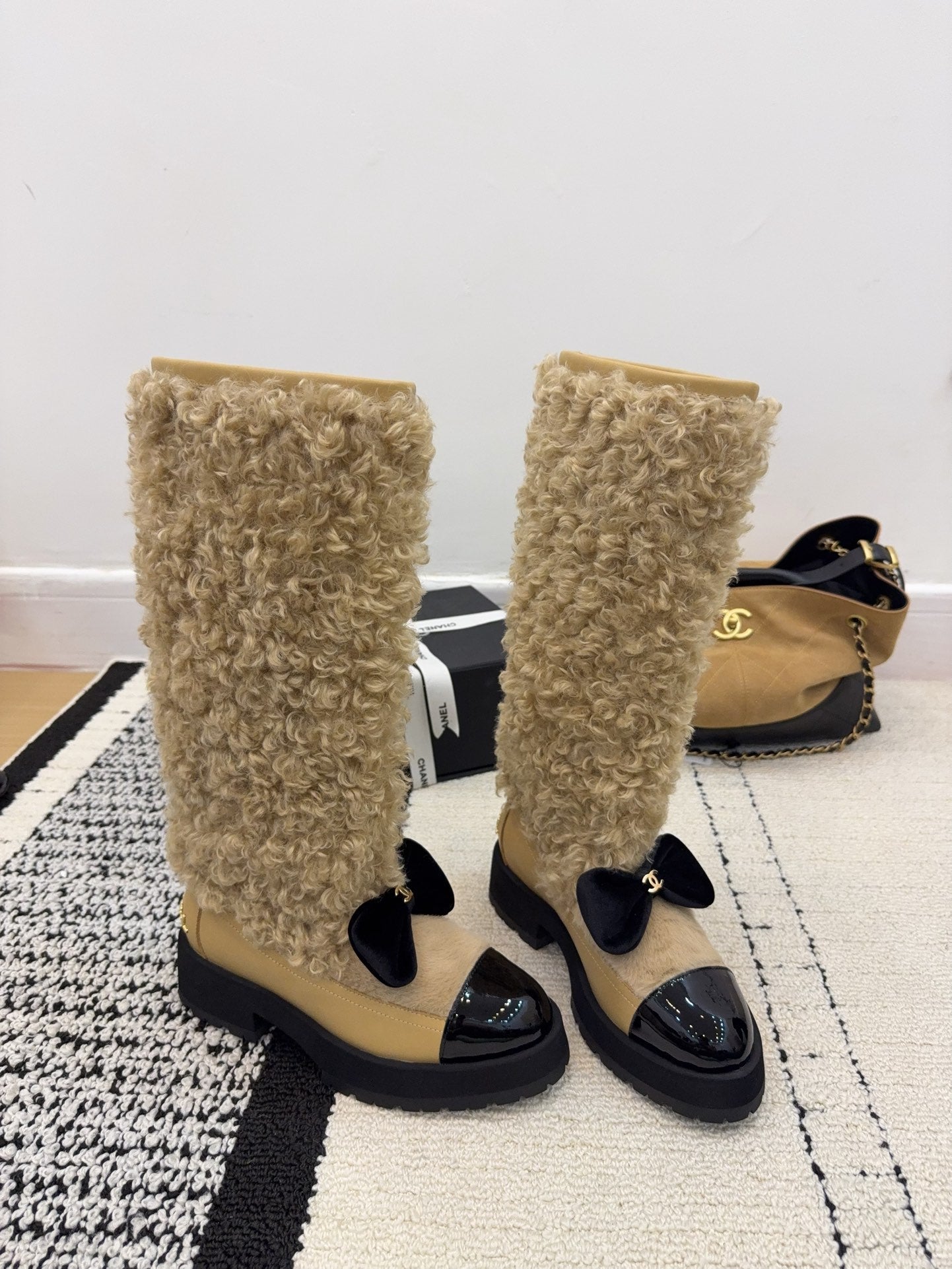 Chanel 25 Shearling Boot Beige Black Wool Leather 537104