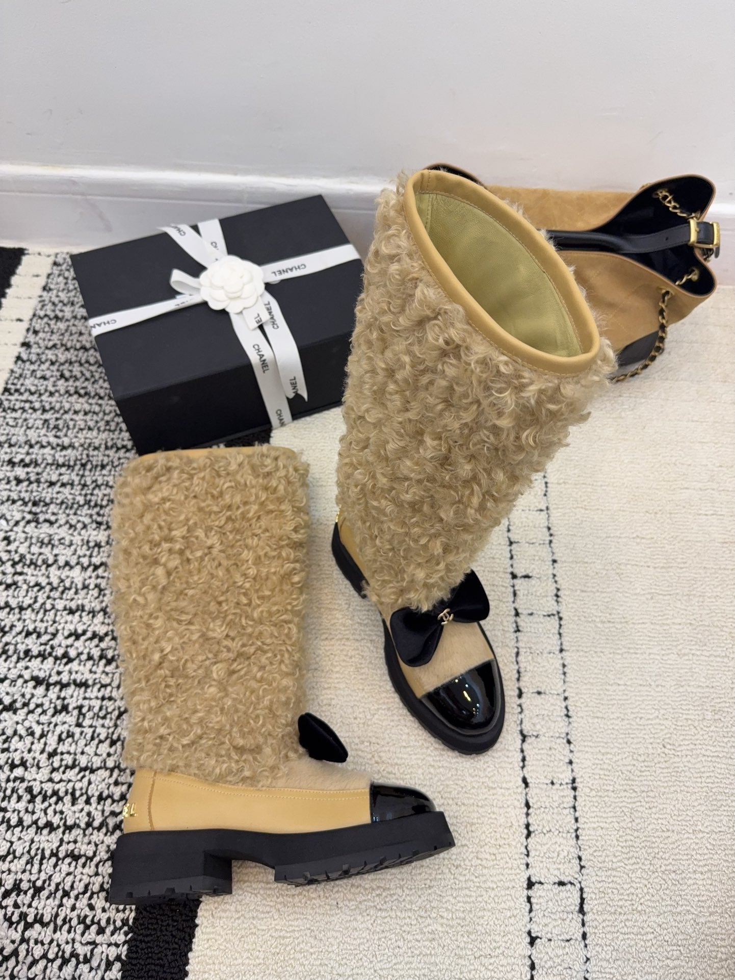 Chanel 25 Shearling Boot Beige Black Wool Leather 537104