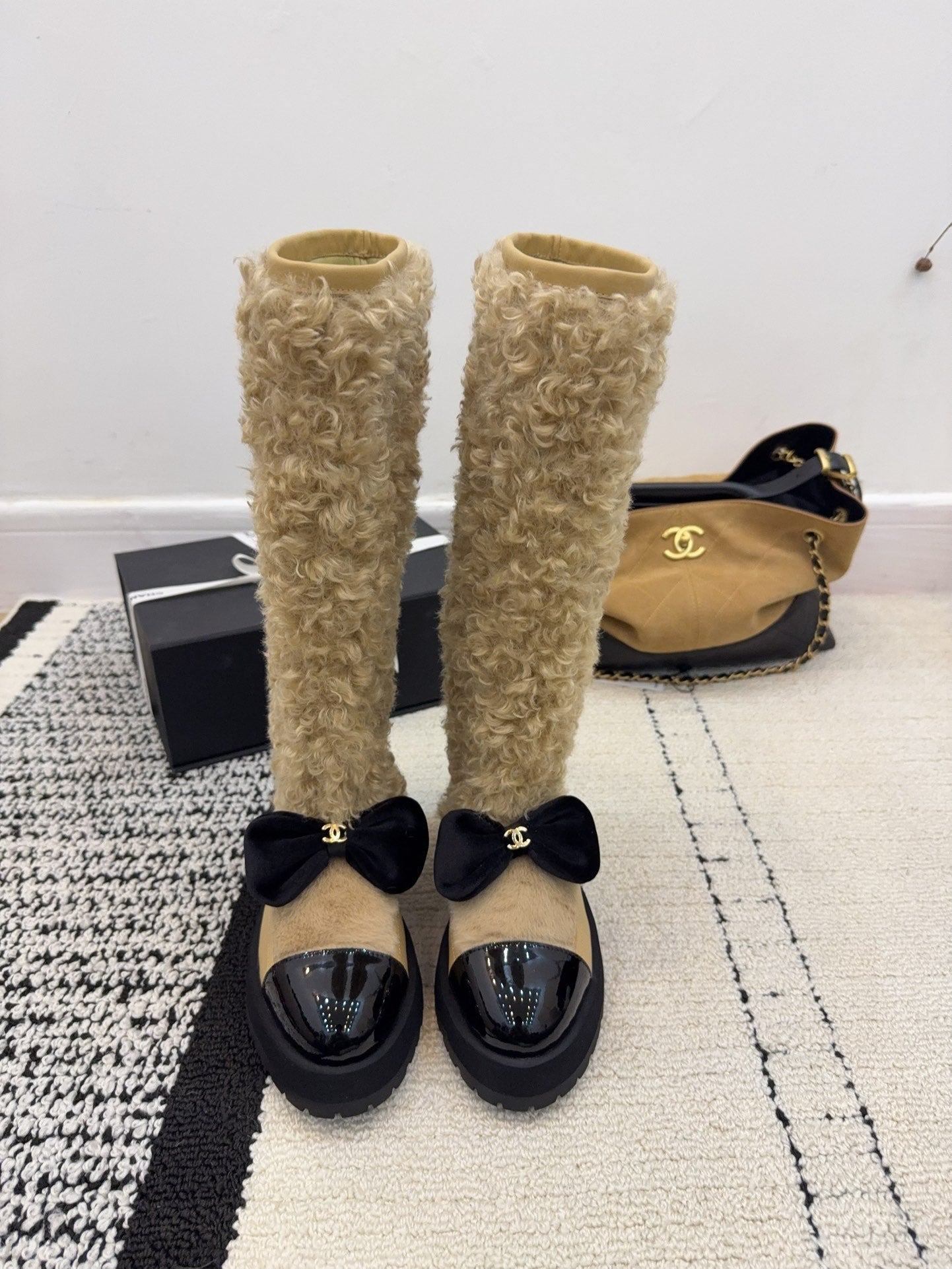 Chanel 25 Shearling Boot Beige Black Wool Leather 537104
