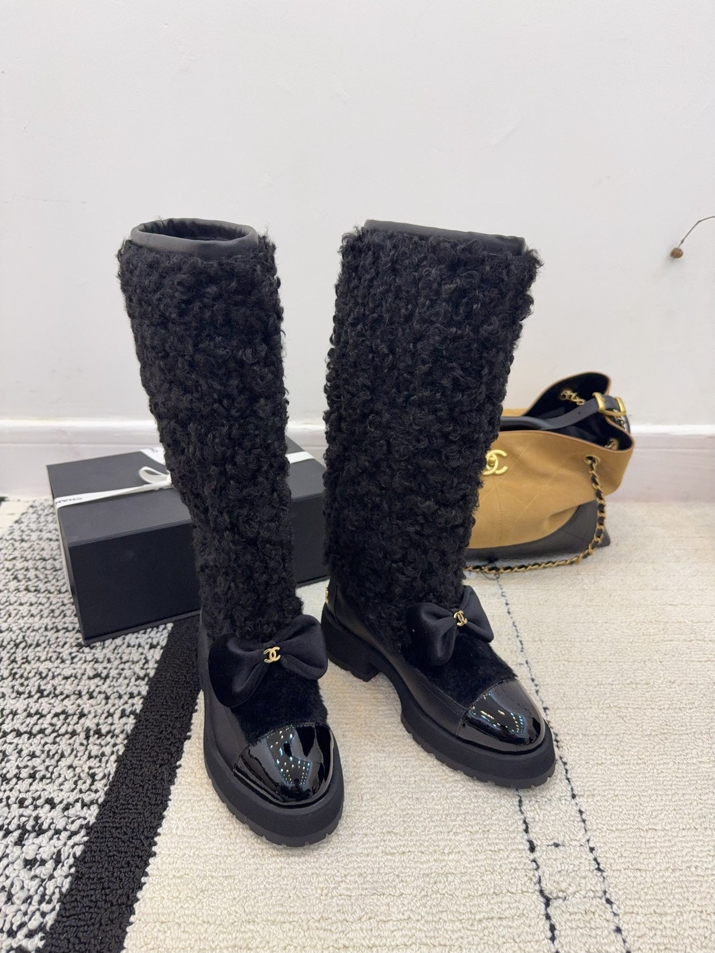Chanel 25 Shearling Boot Black Wool Leather 537105