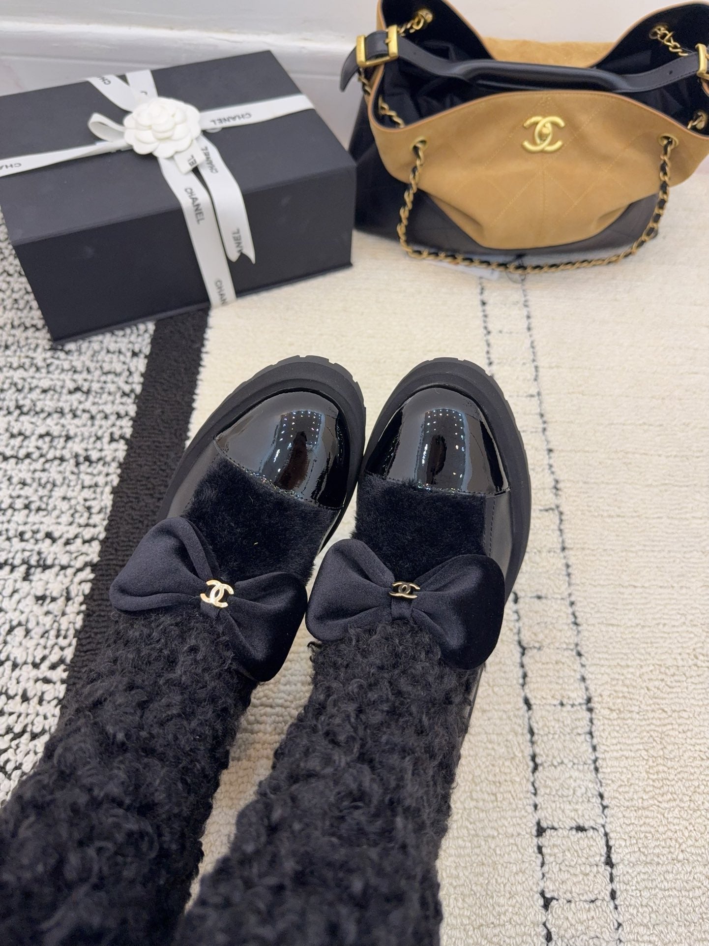 Chanel 25 Shearling Boot Black Wool Leather 537105