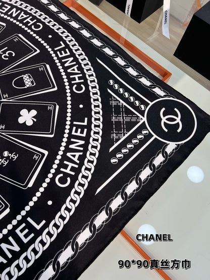 CC Square Scarf 90 CM In Black Mix White Silk 288728