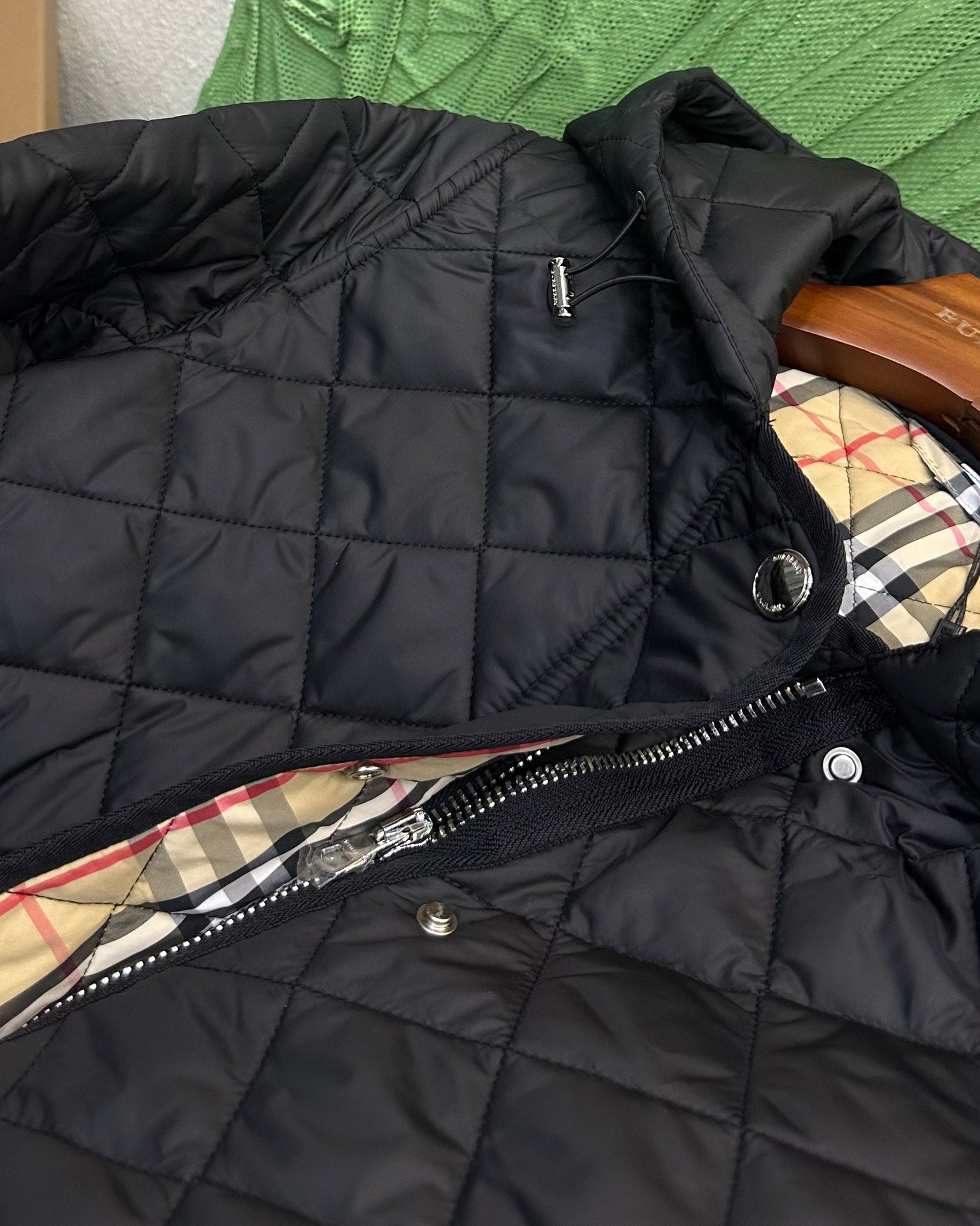 Burberry 25 Quilted  Hooded Long Coat Black Polyester Cotton