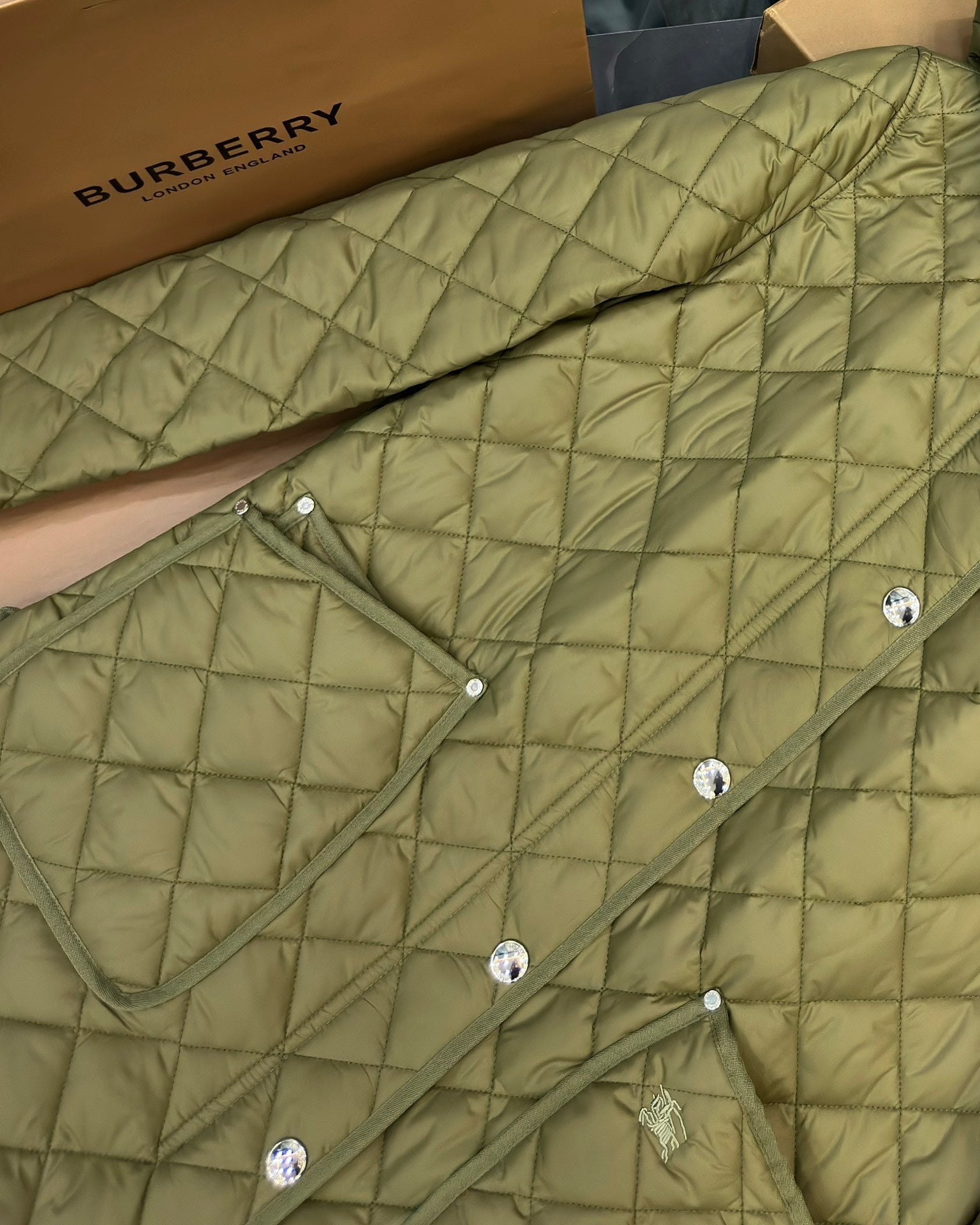 Burberry 25 Quilted  Hooded Long Coat Green Polyester Cotton
