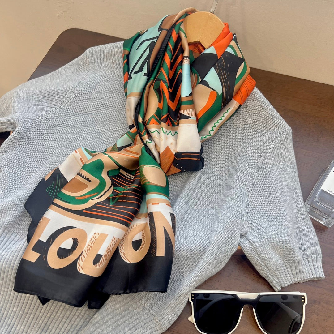 LV Long Scarf 180 Black Green Beige Colorful Mulberry Silk 172987