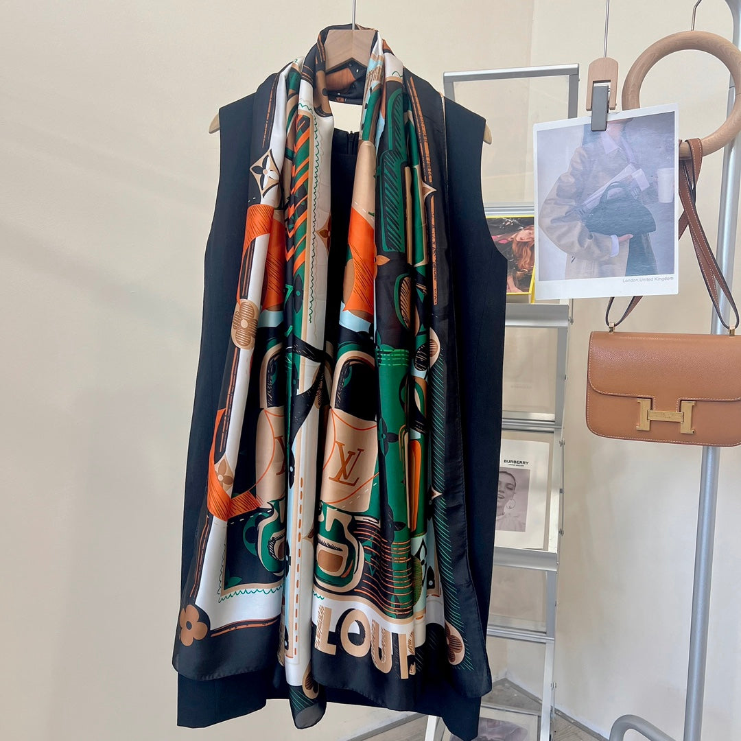 LV Long Scarf 180 Black Green Beige Colorful Mulberry Silk 172987