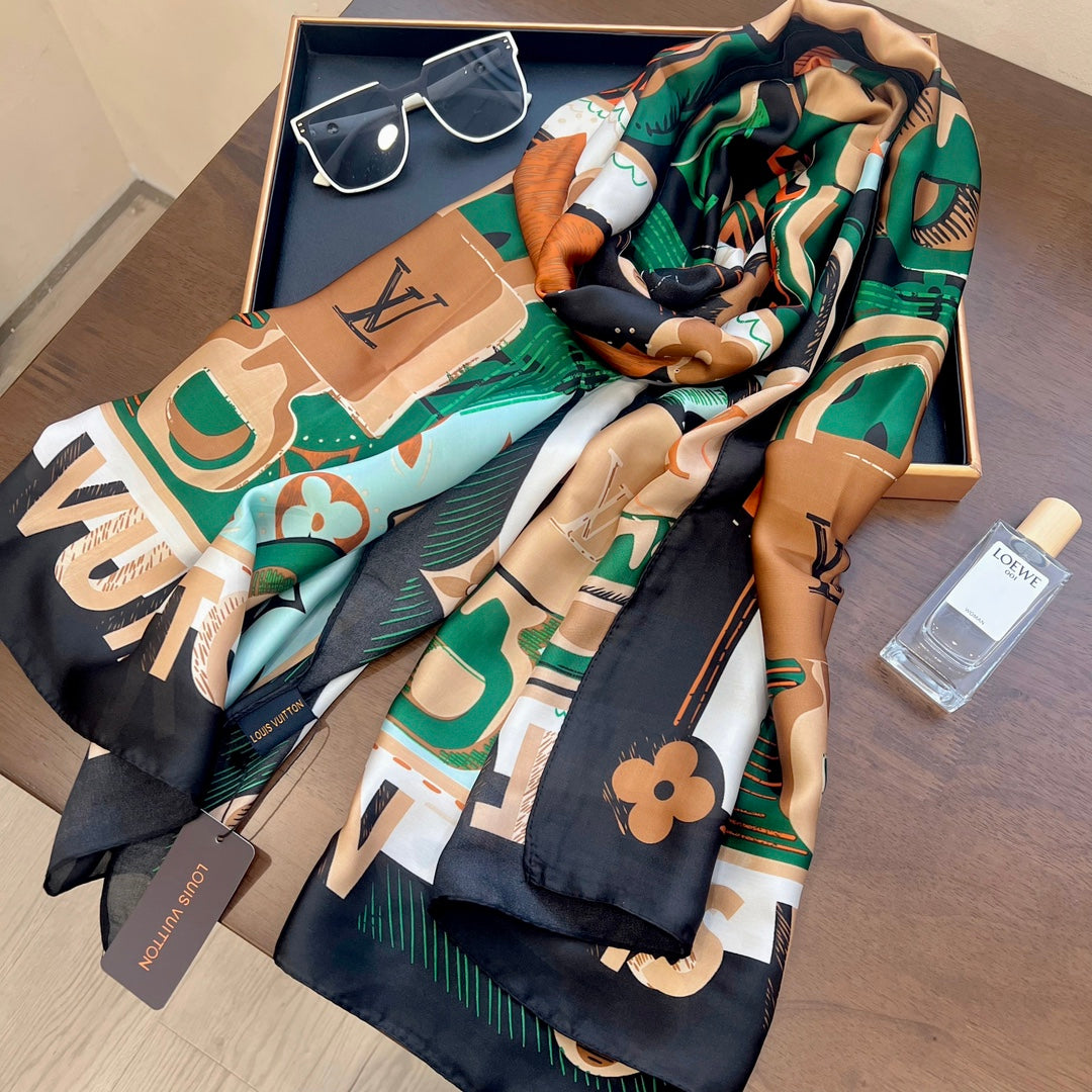 LV Long Scarf 180 Black Green Beige Colorful Mulberry Silk 172987