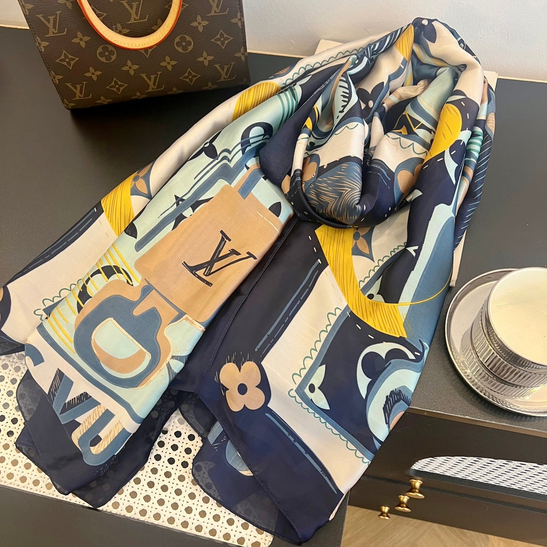 LV Long Scarf 180 Navy Blue Beige Colorful Mulberry Silk 172989