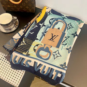 LV Long Scarf 180 Navy Blue Beige Colorful Mulberry Silk 172989