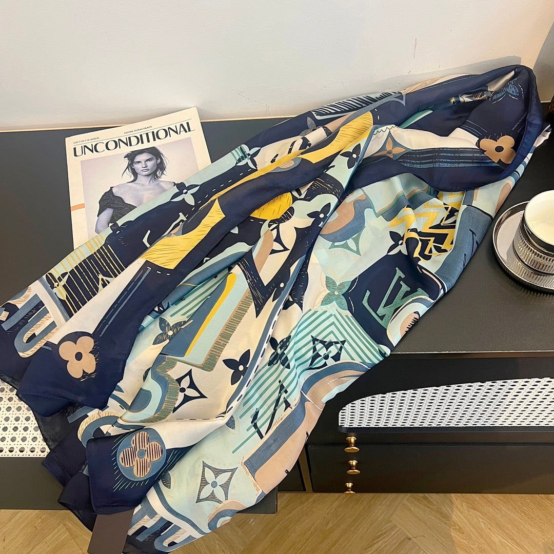 LV Long Scarf 180 Navy Blue Beige Colorful Mulberry Silk 172989