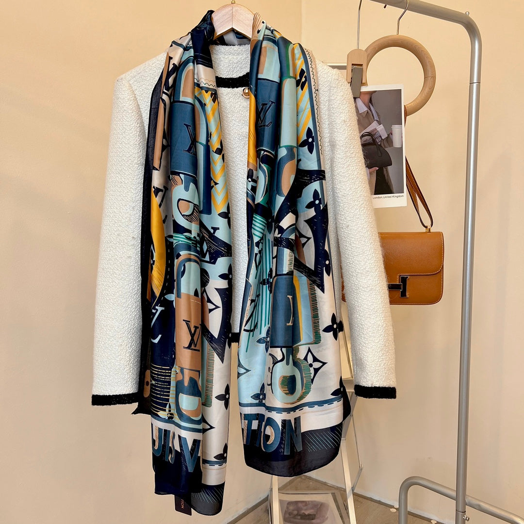 LV Long Scarf 180 Navy Blue Beige Colorful Mulberry Silk 172989