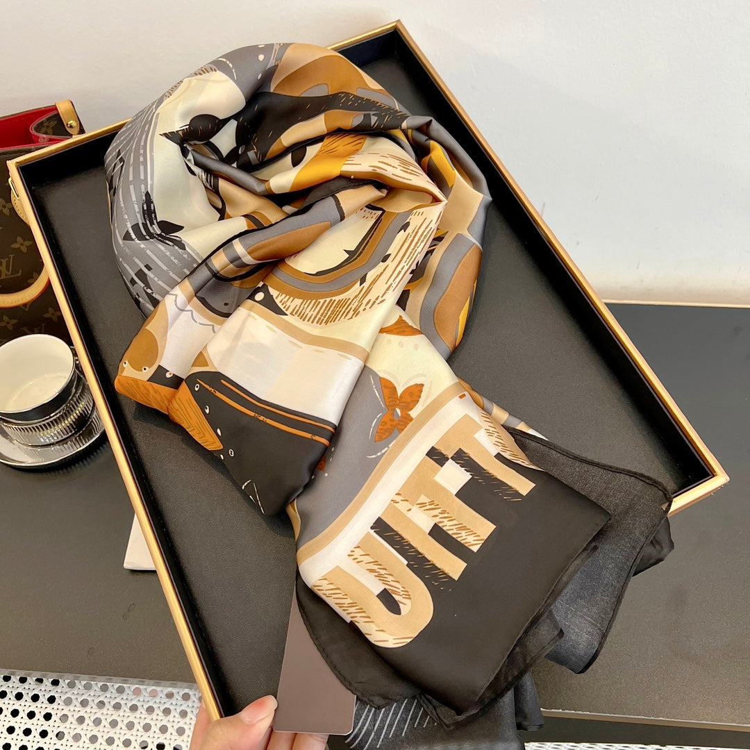 LV Long Scarf 180 Black Beige Colorful Mulberry Silk 172990