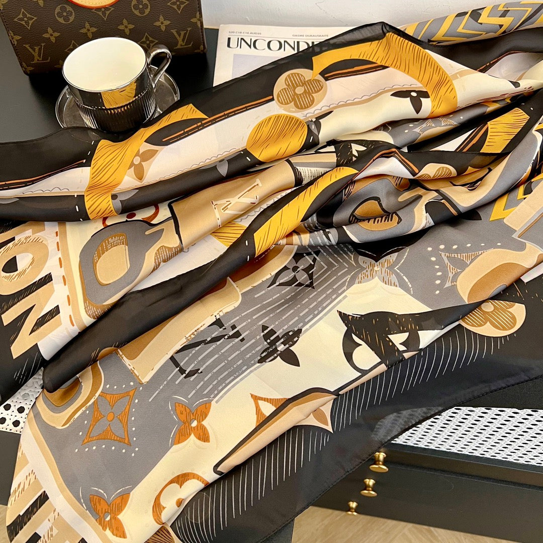 LV Long Scarf 180 Black Beige Colorful Mulberry Silk 172990