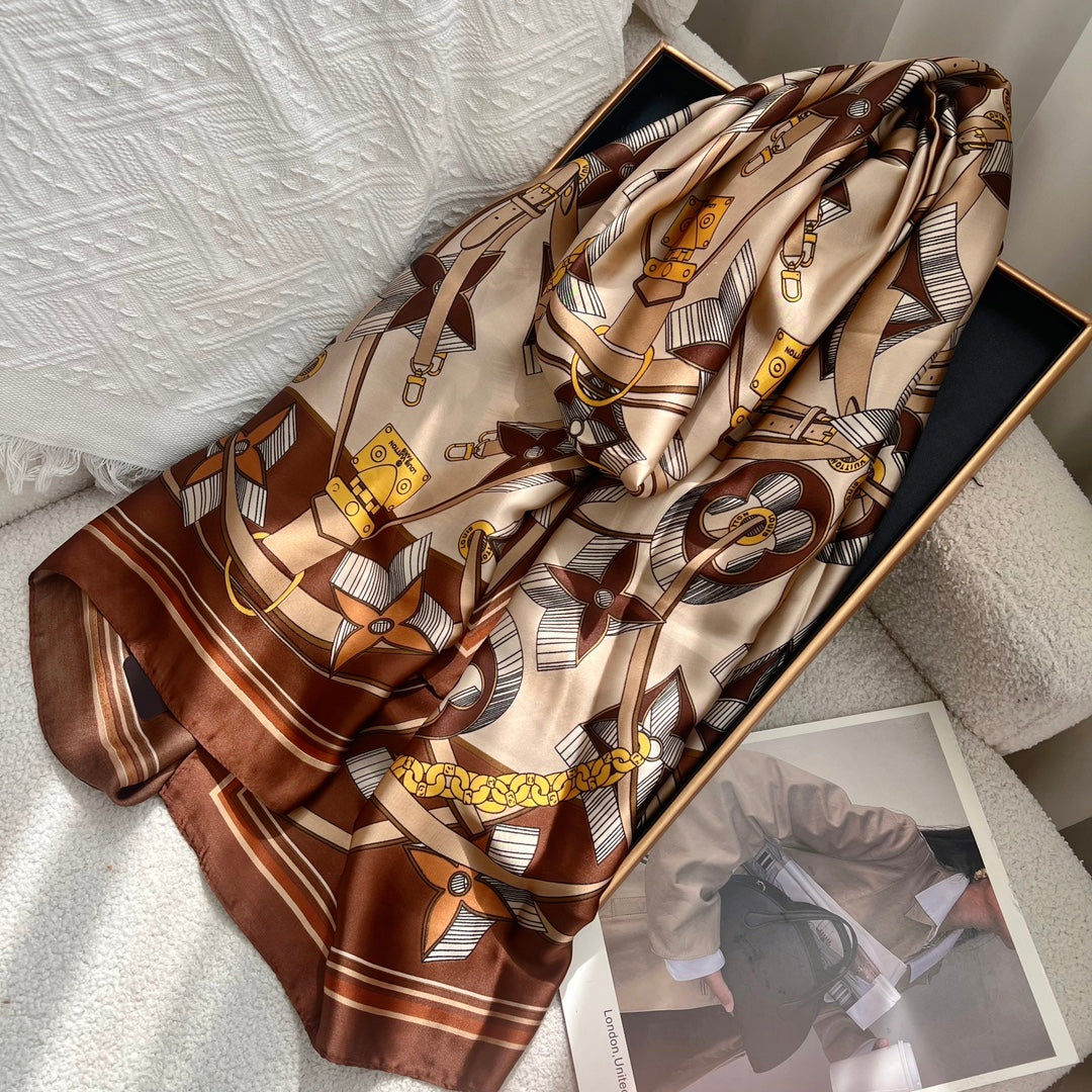 LV Long Scarf 180 Brown Beige Colorful Mulberry Silk 172984