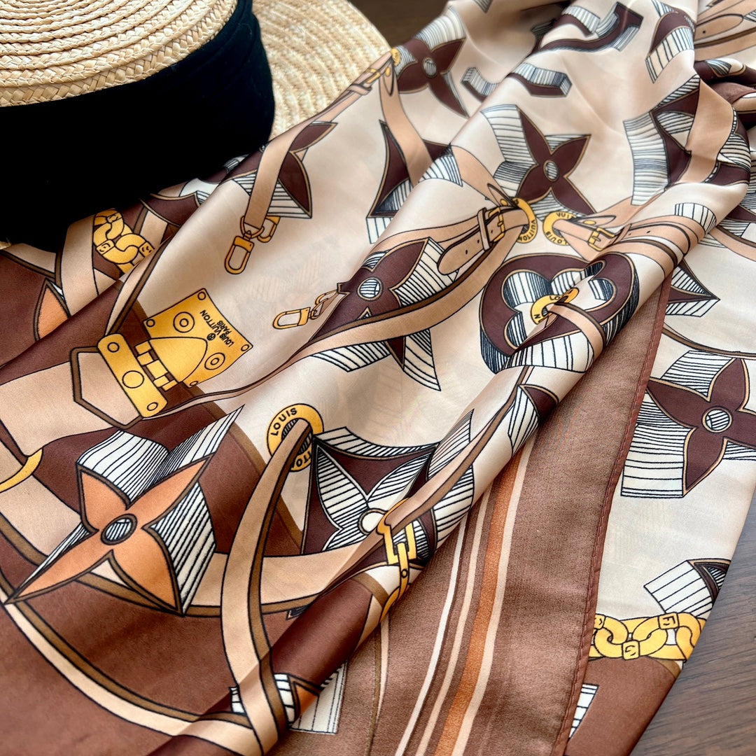 LV Long Scarf 180 Brown Beige Colorful Mulberry Silk 172984