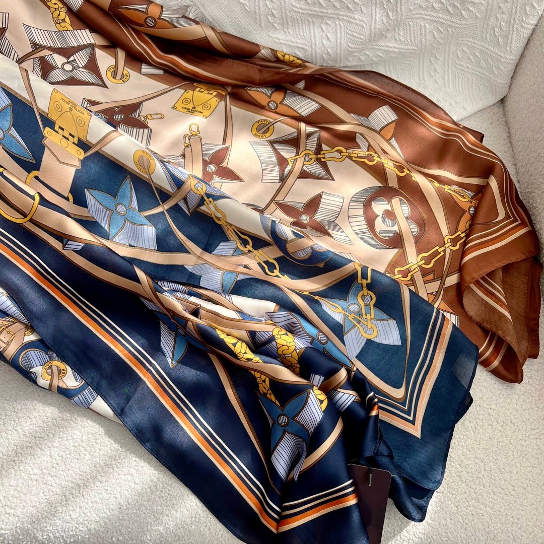 LV Long Scarf 180 Brown Beige Colorful Mulberry Silk 172984