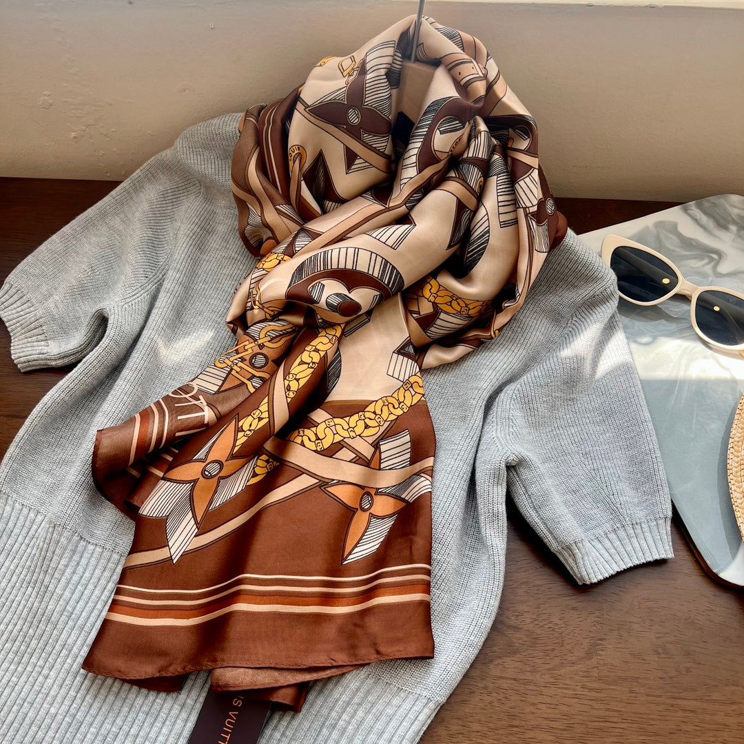 LV Long Scarf 180 Brown Beige Colorful Mulberry Silk 172984