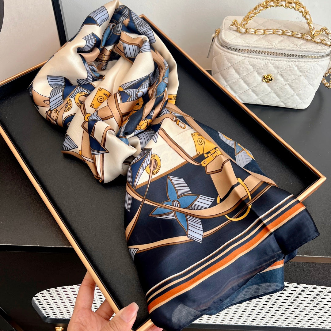 LV Long Scarf 180 Navy Blue Beige Colorful Mulberry Silk 172986