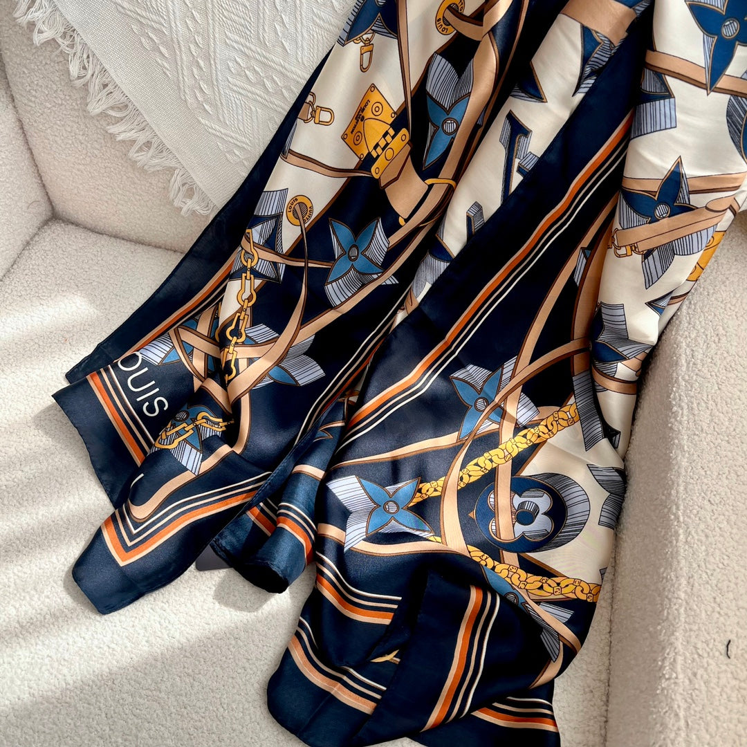 LV Long Scarf 180 Navy Blue Beige Colorful Mulberry Silk 172986