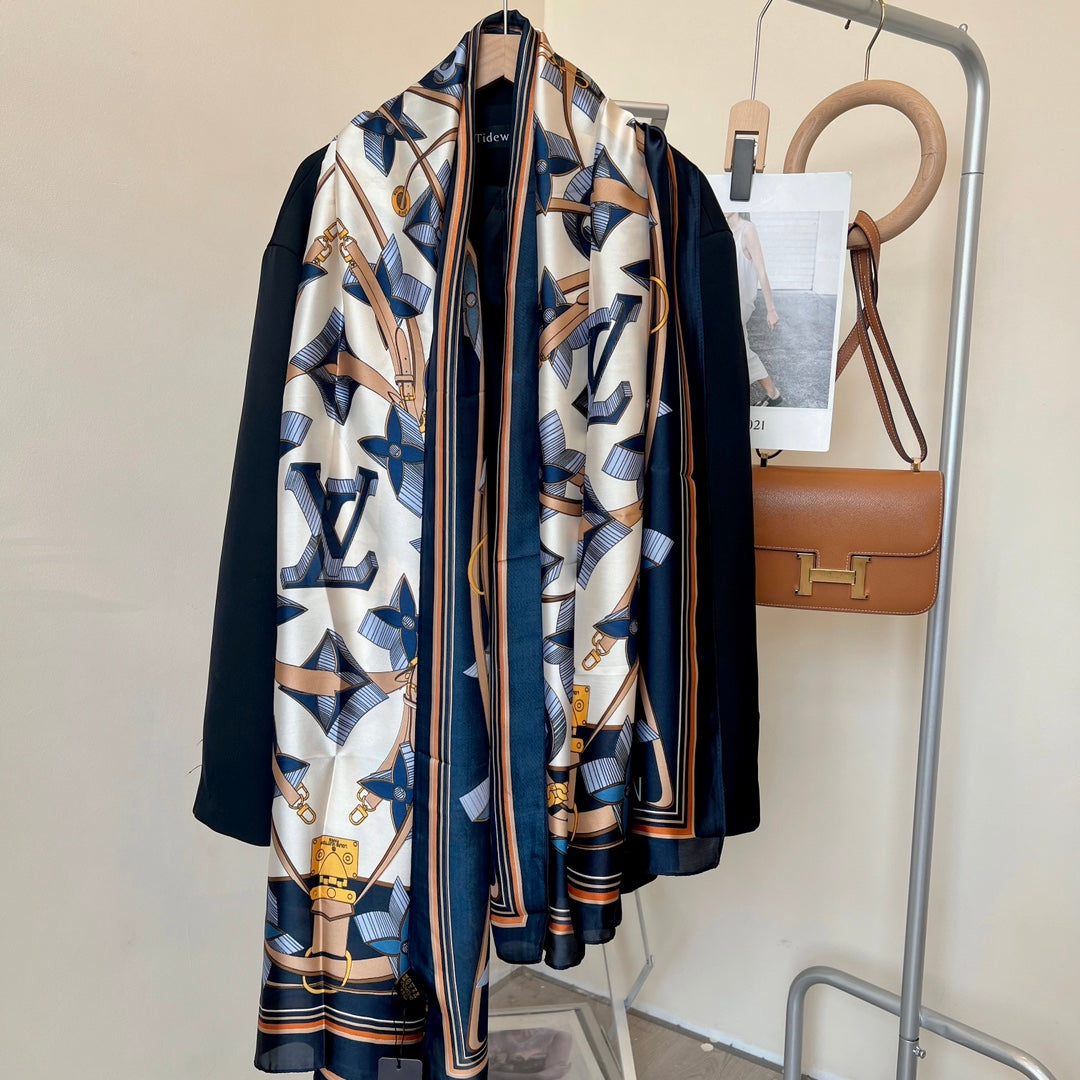 LV Long Scarf 180 Navy Blue Beige Colorful Mulberry Silk 172986