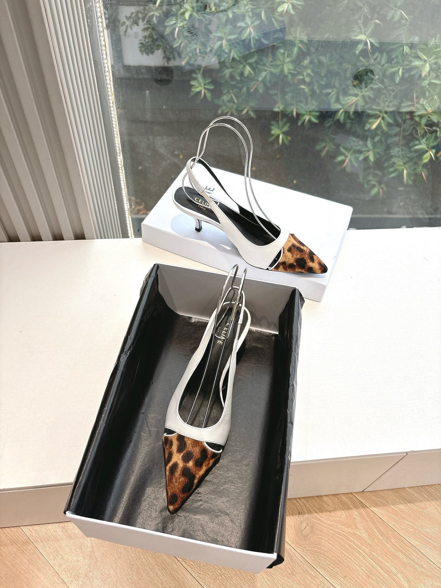 CELINE Slingback  Leopard  White Leather 285985