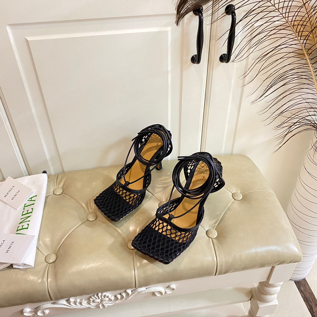 BV 2026 Stretch Lace-Up Sandal Black Mesh Lambskin