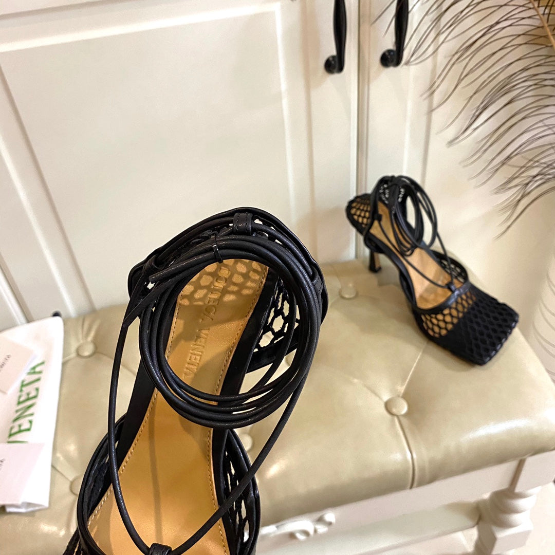 BV 2026 Stretch Lace-Up Sandal Black Mesh Lambskin