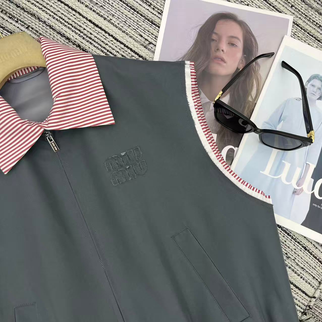 Miu Miu 2026 Striped Collared Vest Jacket Gray and Pink Cotton