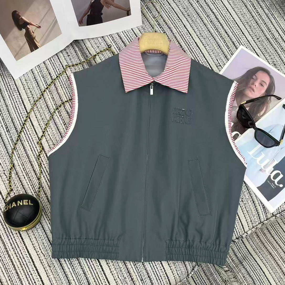 Miu Miu 2026 Striped Collared Vest Jacket Gray and Pink Cotton