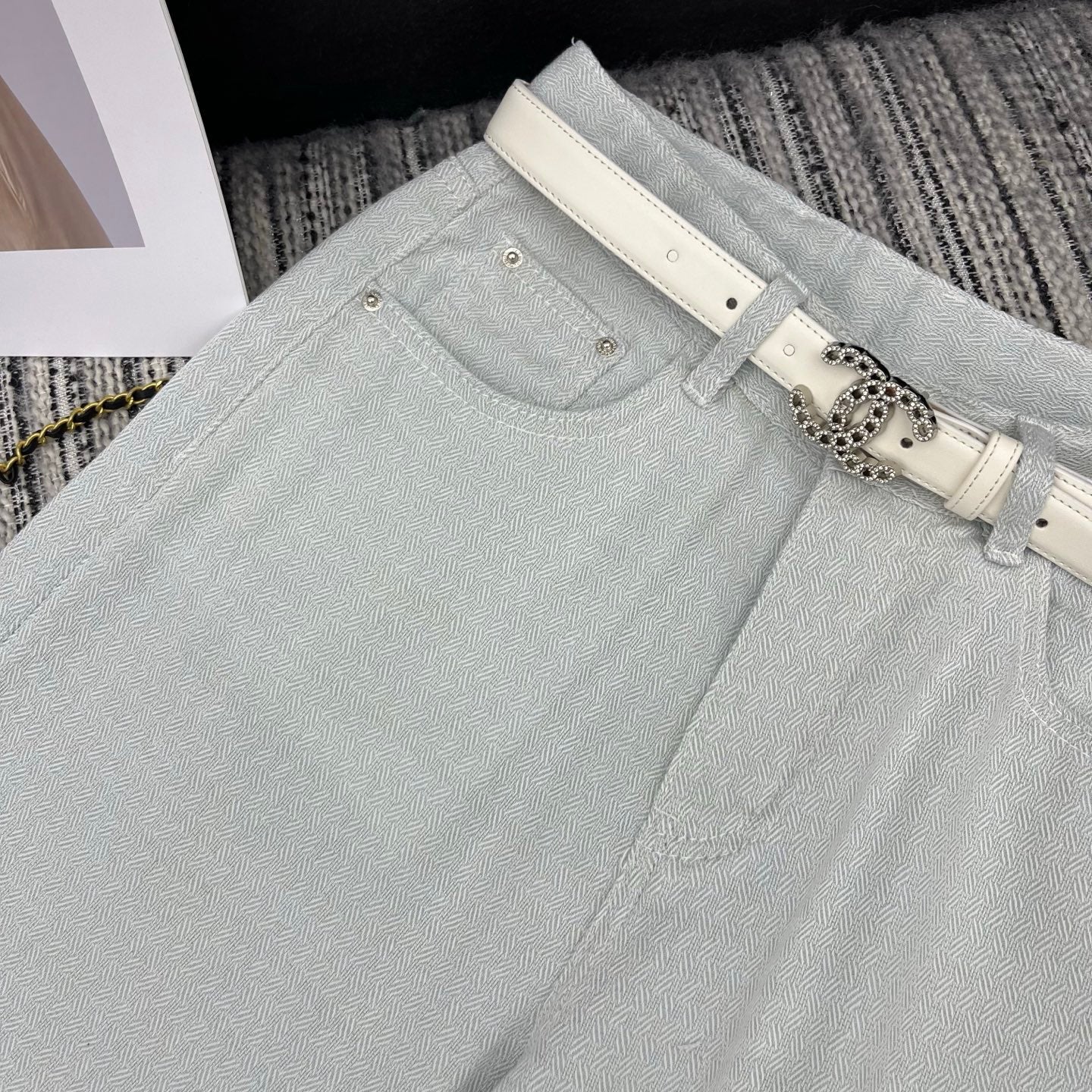 Chanel 2026 Straight-leg Trousers With Double C Leather Belt Light Blue Cotton 365395