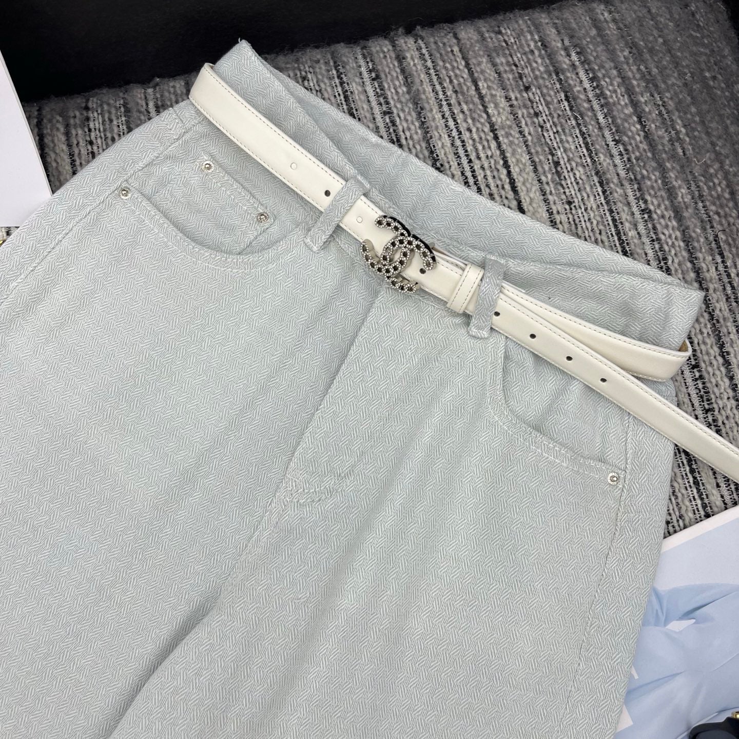 Chanel 2026 Straight-leg Trousers With Double C Leather Belt Light Blue Cotton 365395