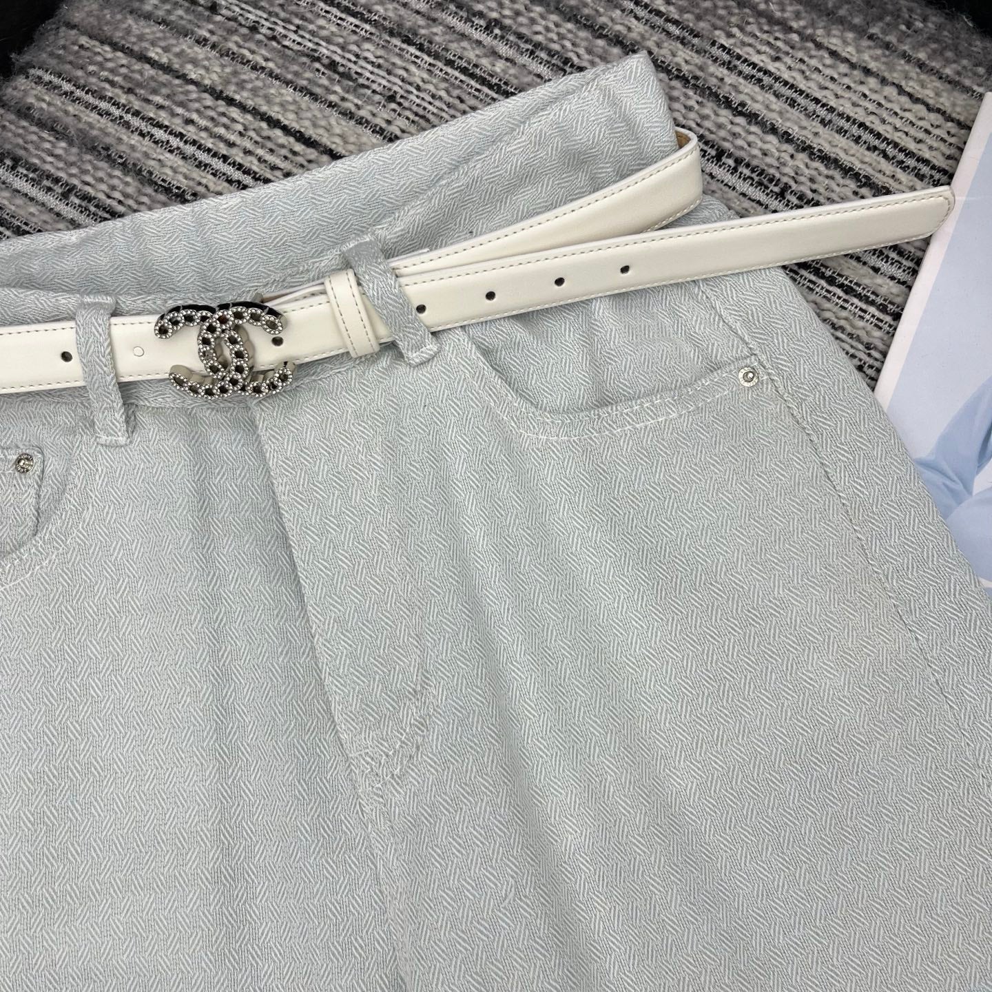 Chanel 2026 Straight-leg Trousers With Double C Leather Belt Light Blue Cotton 365395