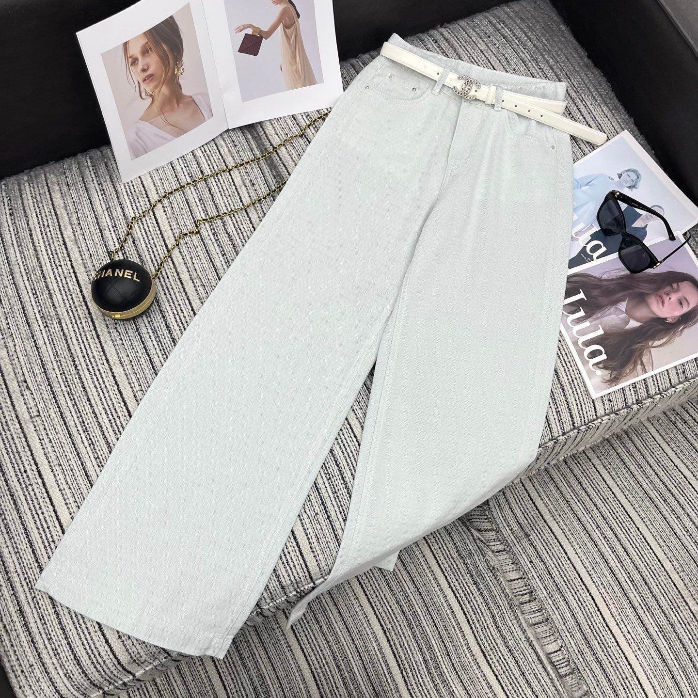 Chanel 2026 Straight-leg Trousers With Double C Leather Belt Light Blue Cotton 365395