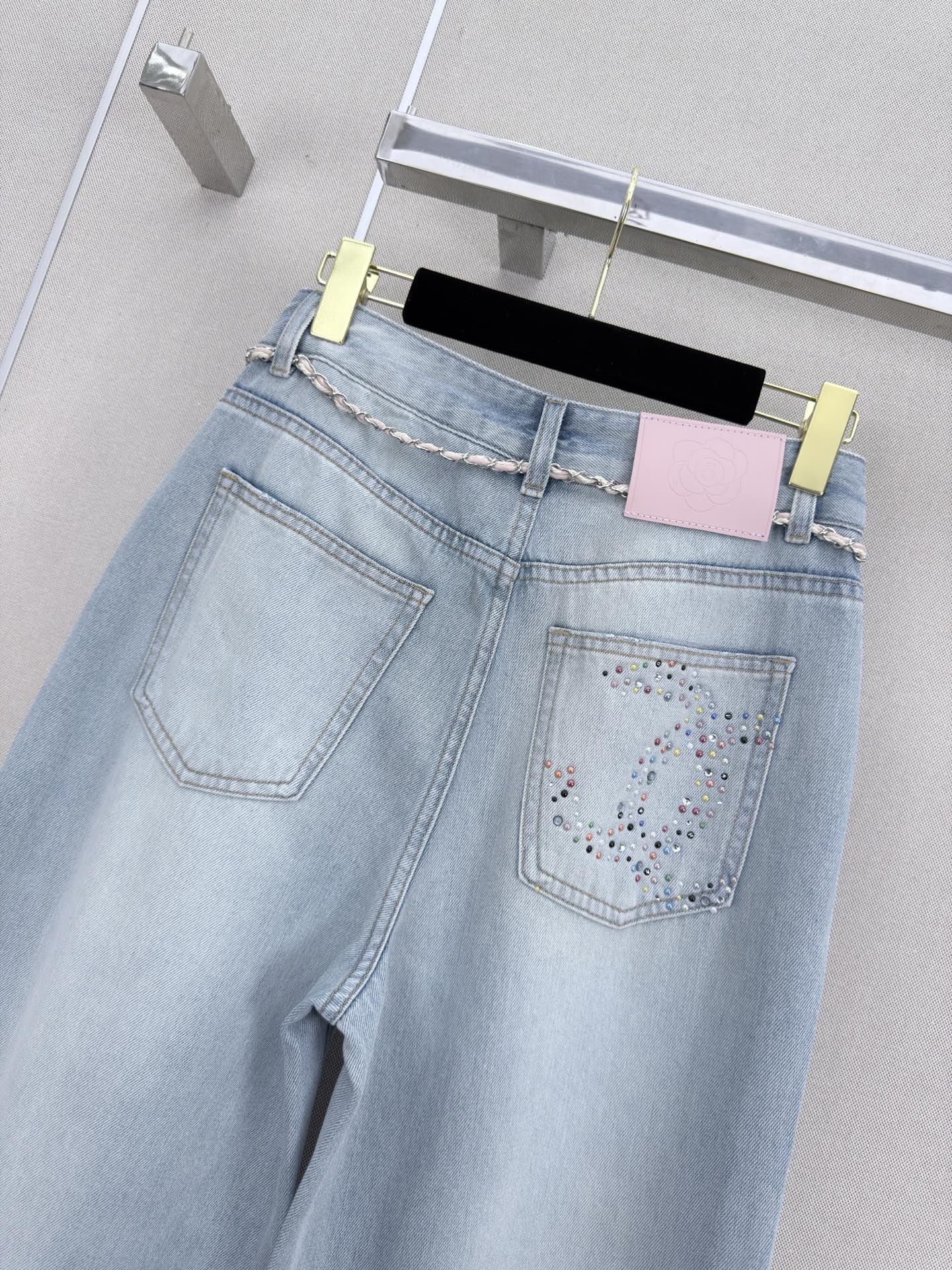 Chanel 2026 Straight-leg Jeans With Double C Rhinestone Blue Cotton 358054