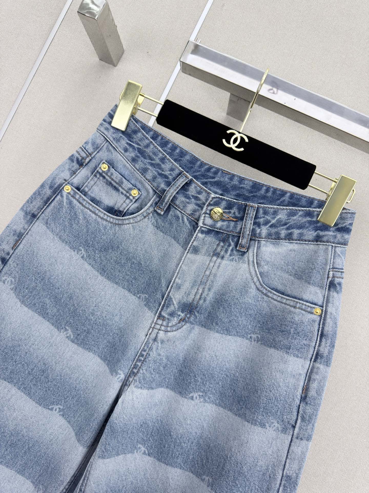 Chanel 2026 Double C Logo Striped Print Denim Wide-leg Pant Blue Cotton 311192
