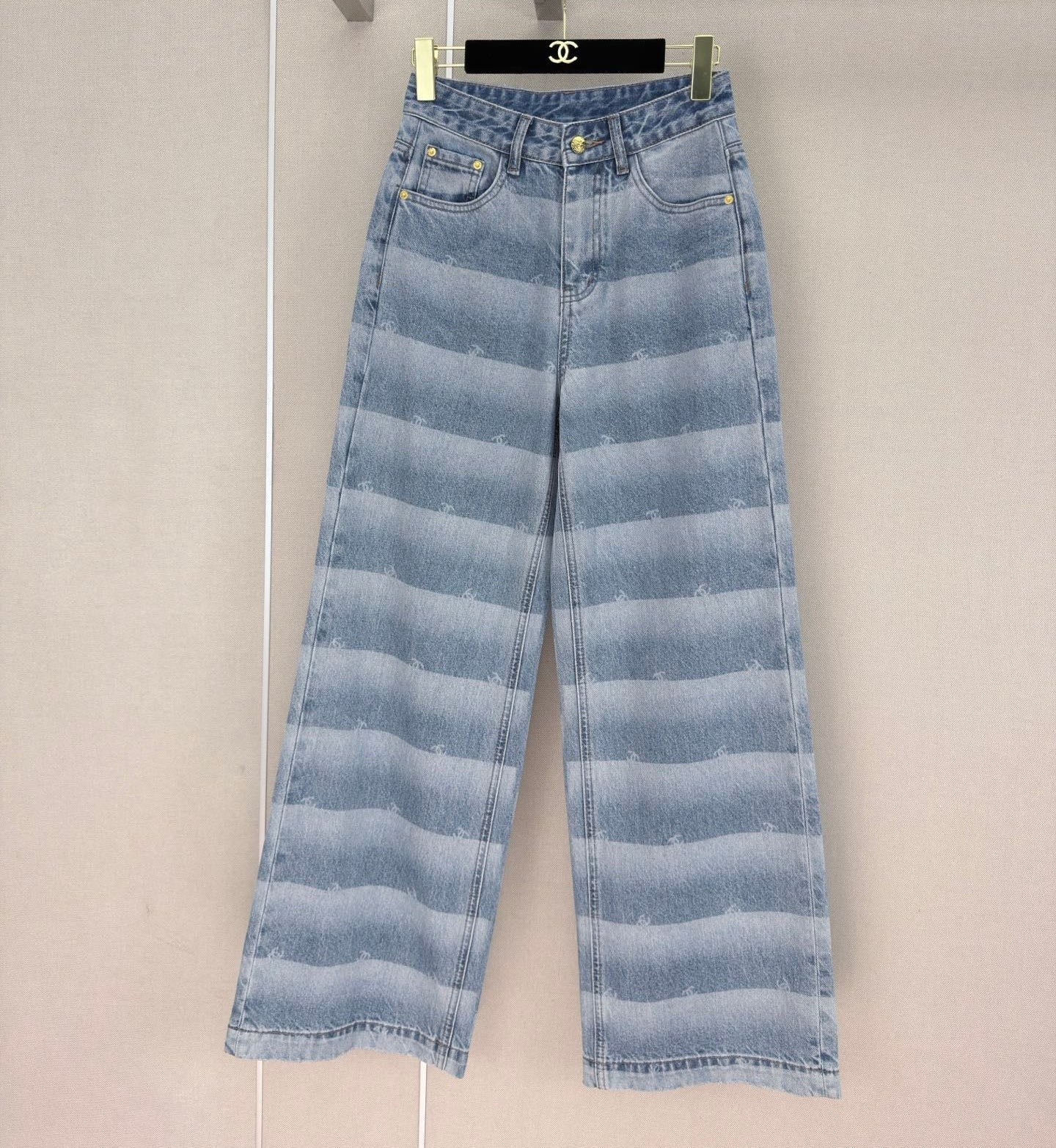 Chanel 2026 Double C Logo Striped Print Denim Wide-leg Pant Blue Cotton 311192