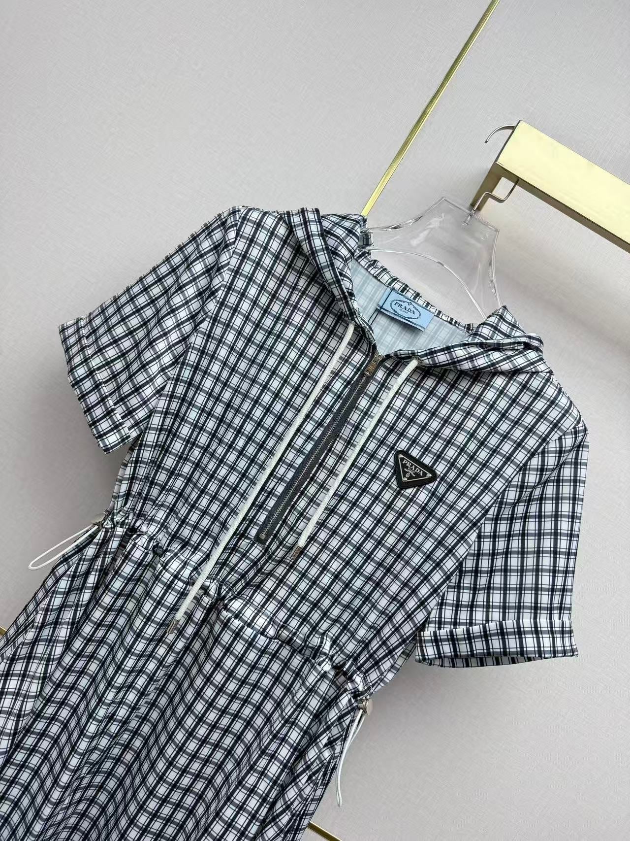 Prada 2026 Hooded Plaid Dress Black White Cotton 396904