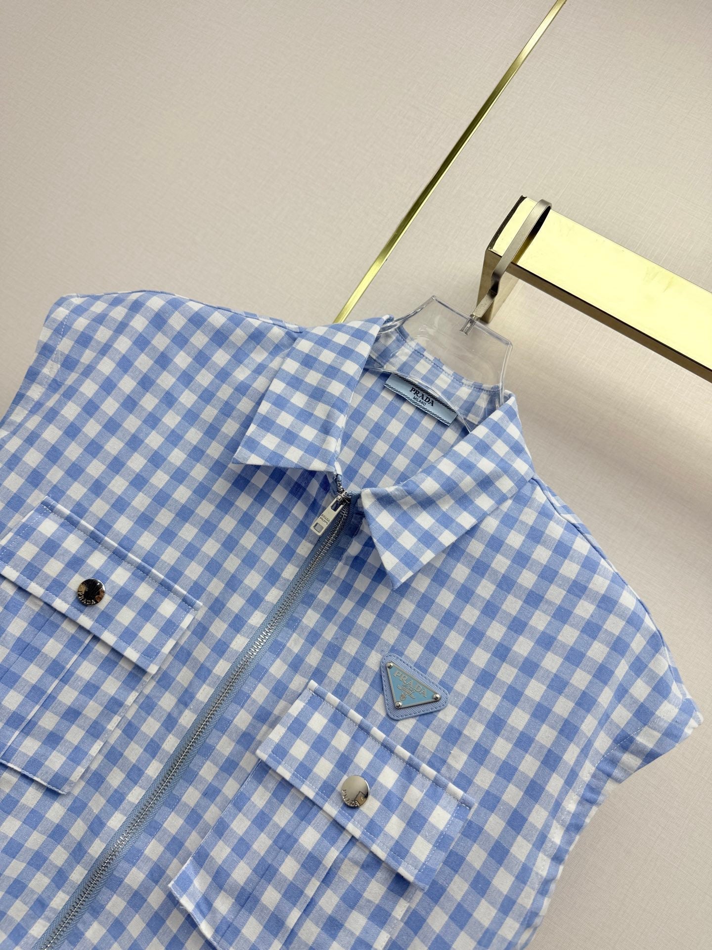Prada 2026 Plaid Top With Short Blue White Cotton 393519